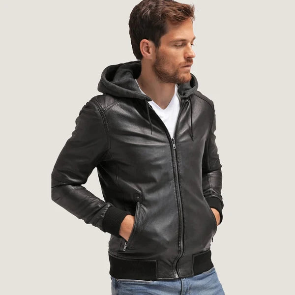 Men's Black Leather Hooded Bomber Jacket
