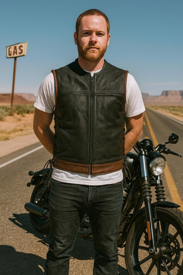 Men's Black Leather Biker Vest with Brown Trim – Zipper Front & Side Laces - LEATHER CHAPTER