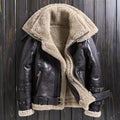 Men’s brown shearling leather jacket, vintage aviator B3 bomber with fur lining and buckle straps