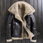 Men’s brown shearling leather jacket, vintage aviator B3 bomber with fur lining and buckle straps