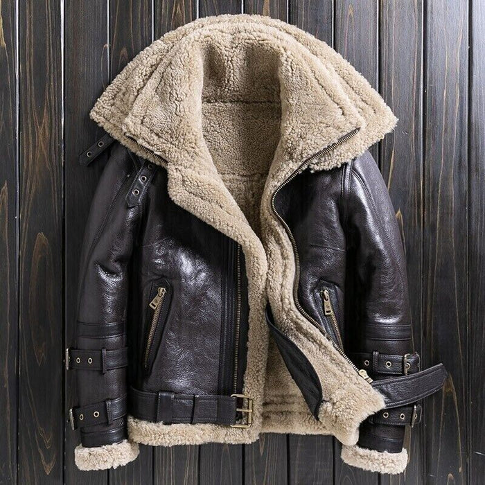 Men’s brown shearling leather jacket, vintage aviator B3 bomber with fur lining and buckle straps