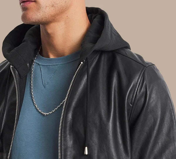 Mens Black Leather Hooded Bomber Jacket