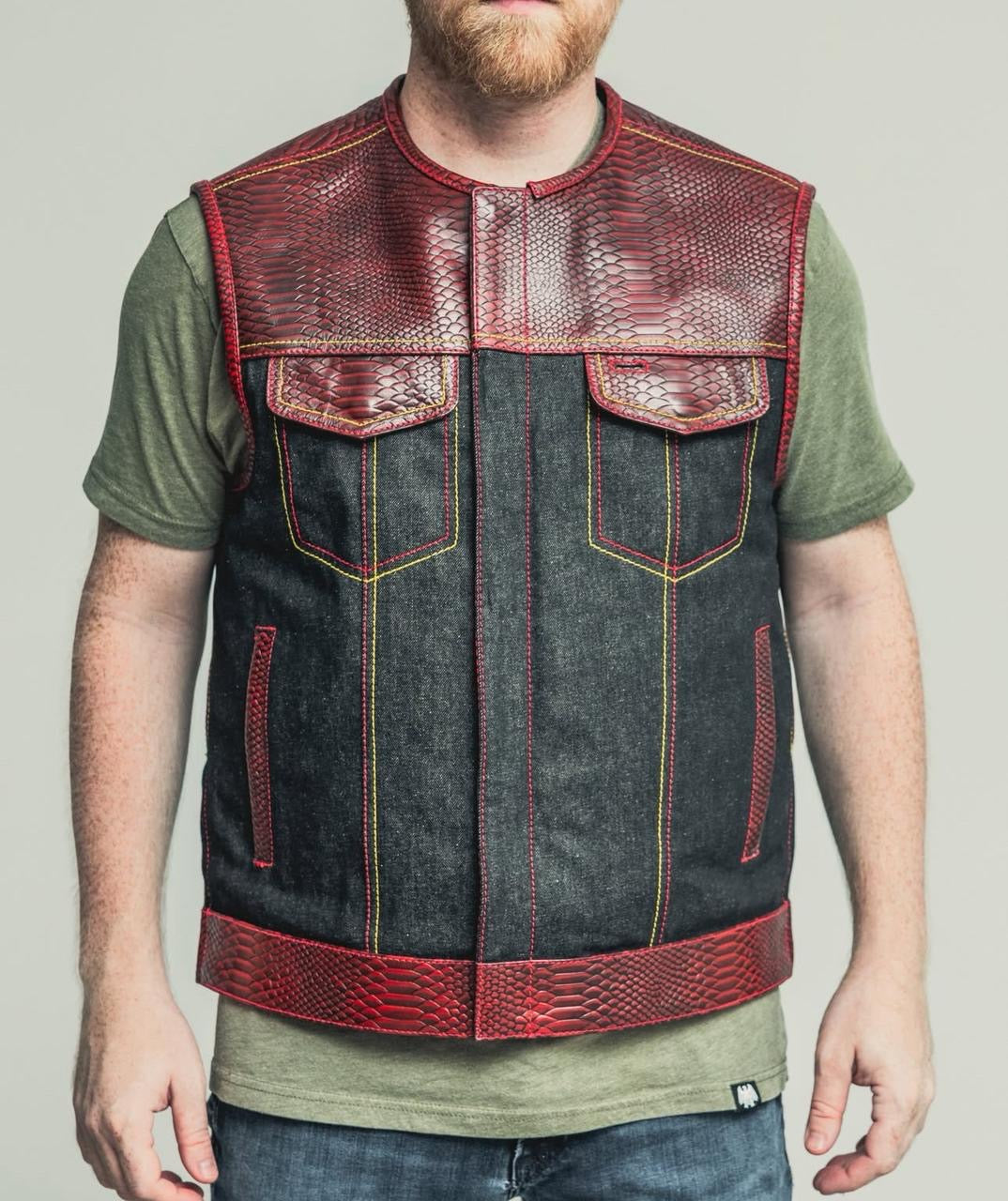 Men's Red Python Snake Leather & Black Denim Biker Vest – Exotic Reptile Pattern, Streetwear Style - LEATHER CHAPTER