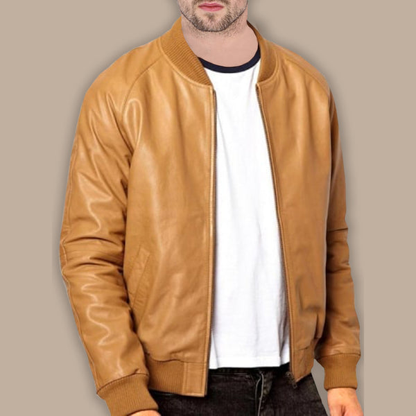 Mens Casual Tan Brown Bomber Jacket