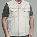 Men’s White Leather Vest with Red Stitching – Heartbeat Embroidered Biker Style Vest - LEATHER CHAPTER