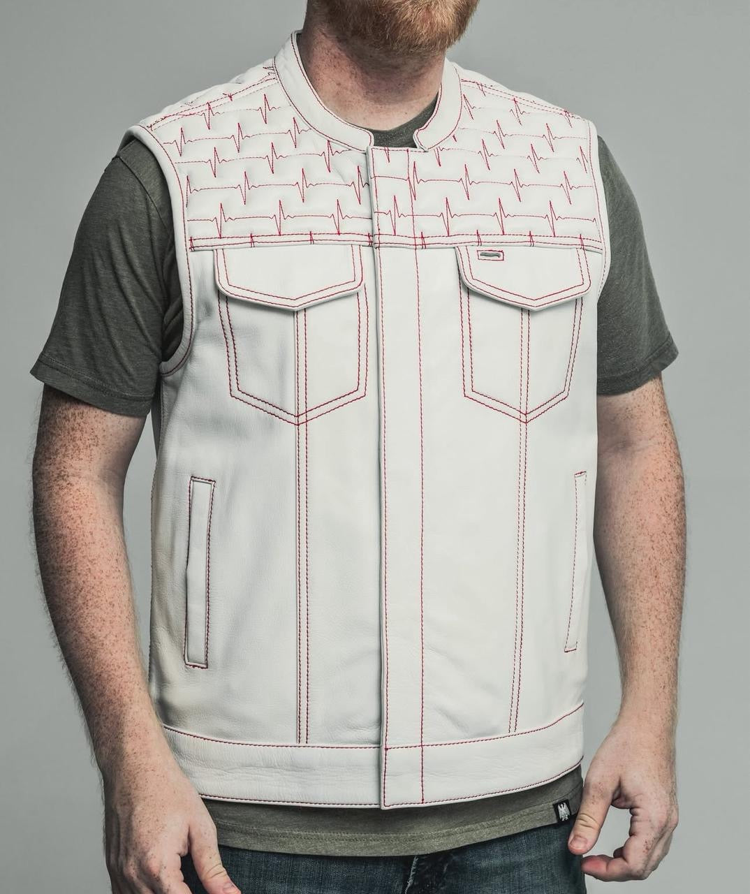 Men’s White Leather Vest with Red Stitching – Heartbeat Embroidered Biker Style Vest - LEATHER CHAPTER