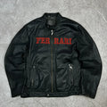Full front view of a sleek black leather Ferrari jacket with red embroidered FERRARI text across the chest.
