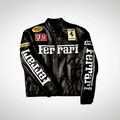 A black leather Ferrari Racing jacket with large white Ferrari text on the chest and sleeves, featuring small Bell, Vodafone, and Michelin sponsor patches.