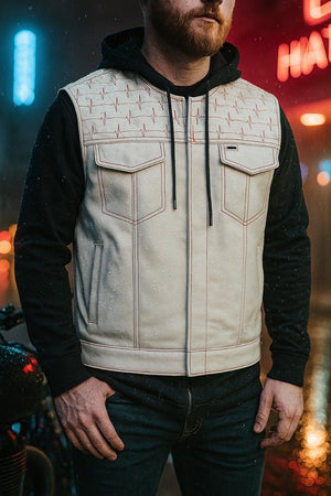Men’s White Leather Vest with Red Stitching – Heartbeat Embroidered Biker Style Vest - LEATHER CHAPTER