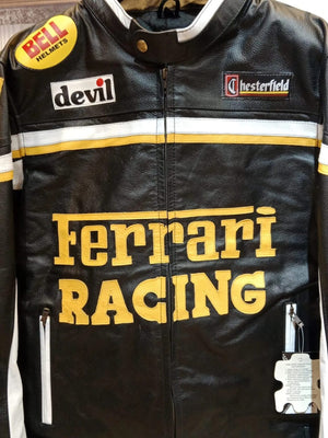 Detailed shot of the jacket sleeve showing the vertical yellow RACING text and the texture of the genuine black leather material.
