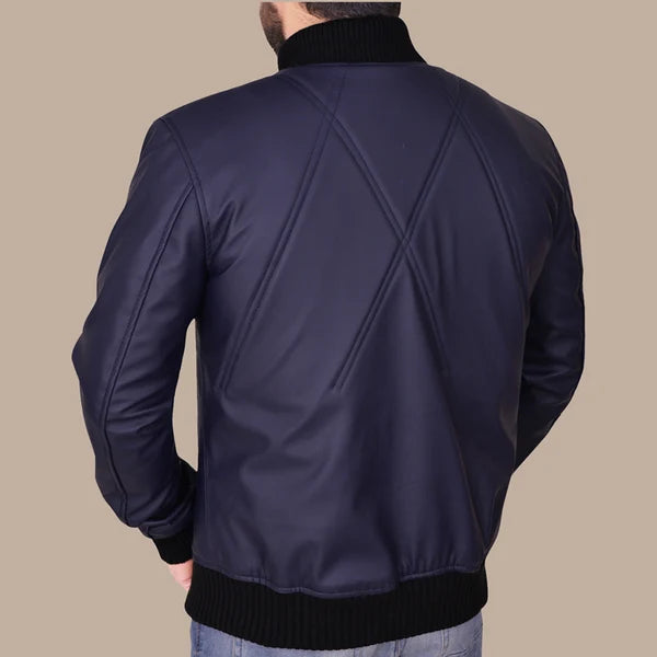 Navy Blue Varsity Leather Bomber Jacket for Men