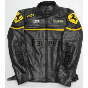 Close-up of a black vintage-style Ferrari Racing leather jacket with yellow stripe, Bell and Chesterfield patches, and embossed Racing text on the sleeves.
