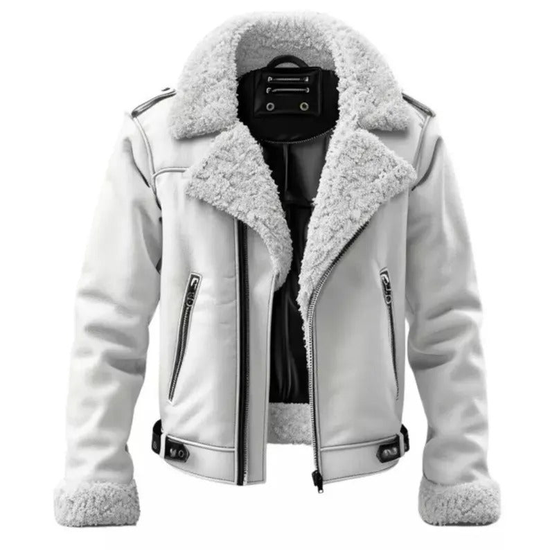 Men's Stylish White Aviator Bomber  Flying Premium Jacket Genuine Shearling Fur Real Sheepskin Leather Jacket for Winter Style - LEATHER CHAPTER