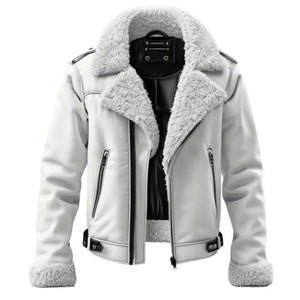 Men's Stylish White Aviator Bomber  Flying Premium Jacket Genuine Shearling Fur Real Sheepskin Leather Jacket for Winter Style - LEATHER CHAPTER