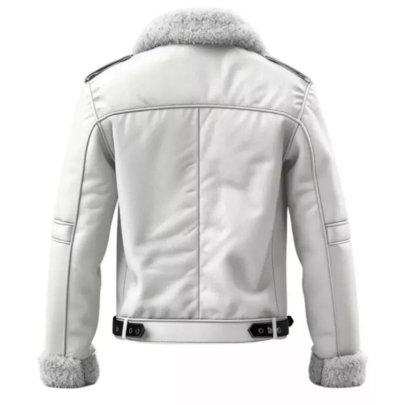 Men's Stylish White Aviator Bomber  Flying Premium Jacket Genuine Shearling Fur Real Sheepskin Leather Jacket for Winter Style - LEATHER CHAPTER