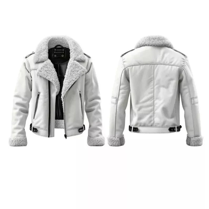 Men's Stylish White Aviator Bomber  Flying Premium Jacket Genuine Shearling Fur Real Sheepskin Leather Jacket for Winter Style - LEATHER CHAPTER